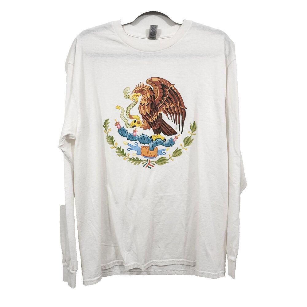 Gildan Mexican Coat of Arms Eagle Long-sleeve T-shirt White Unisex Cotton Size L